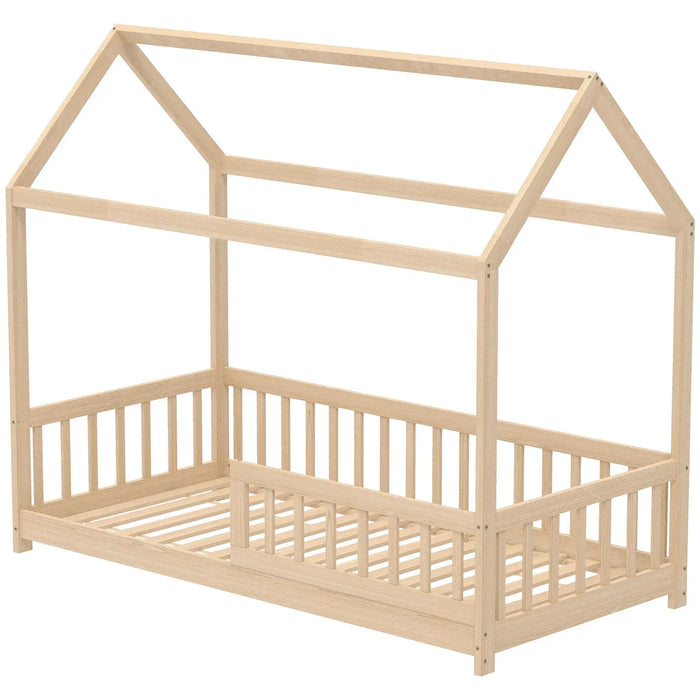 Beige children's bed with a house-shaped top on a white background
