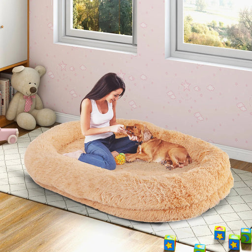 Human Dog Bed with Soft Blanket an Plump Pillow in Brown - Little and Giant Explorers Costway