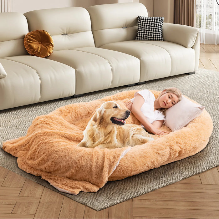 Human Dog Bed with Soft Blanket an Plump Pillow in Brown - Little and Giant Explorers Costway