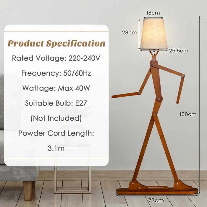 Humanoid floor lamp with wooden adjustable joints and fabric shade, 160cm tall by 77cm wide