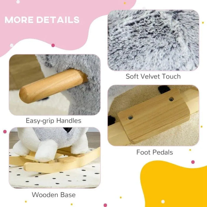 Husky rocking horse details: soft velvet plush, easy-grip handles, foot pedals, wooden base