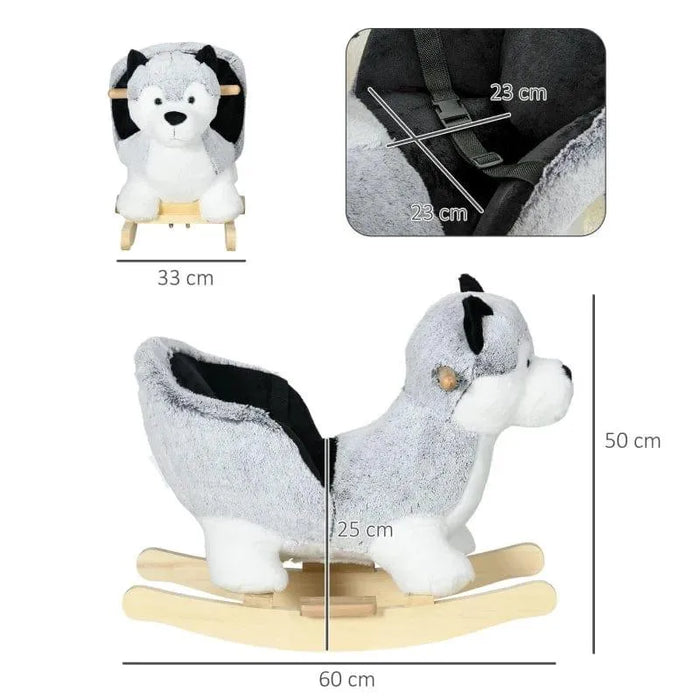 Grey and black plush husky rocking horse with seatbelt, wooden rocker, and size measurements
