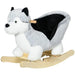 Plush husky rocking horse toy with grey and black fur on a wooden rocker base