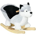 Grey and white plush husky rocking horse with wooden rocker base and safety seat