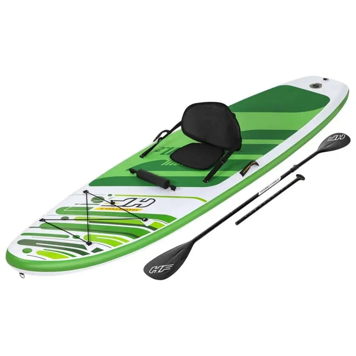 Green Hydro-Force inflatable SUP with adjustable seat, paddle, and deck bungees on white background.