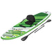 Green Hydro-Force inflatable SUP with adjustable seat, paddle, and deck bungees on white background.