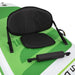 Inflatable SUP board with black detachable seat and green deck, paddle accessory shown