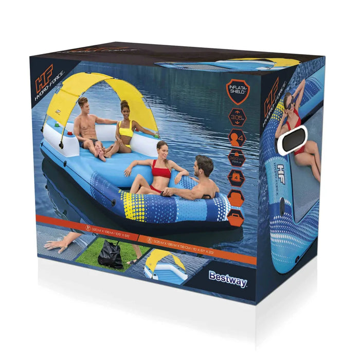 Bestway Hydro-Force luxury island 4-person floating lounger box with canopy on water