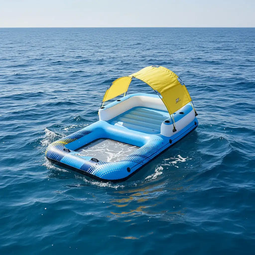 Hydro Force Luxury Island inflatable floating lounger with yellow canopy on open water