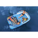 Four people relaxing on a Hydro Force inflatable floating lounger in blue water.