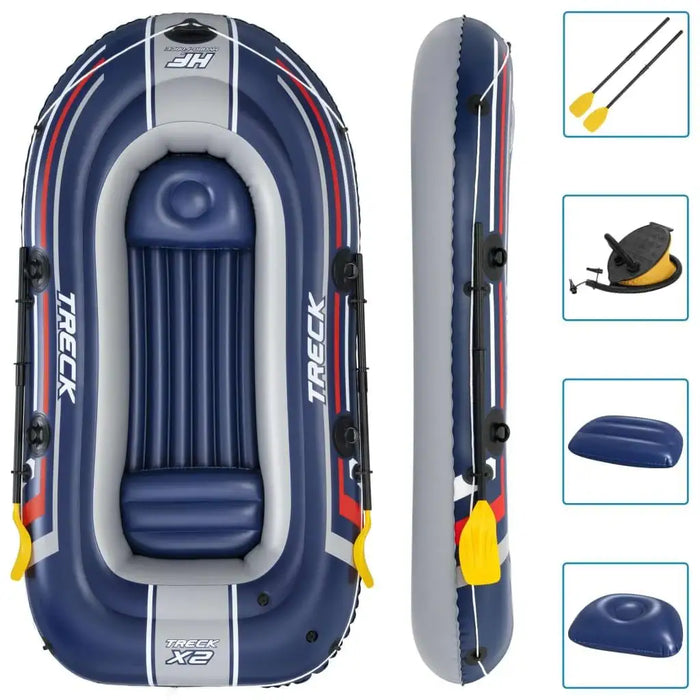 Hydro-Force Treck X2 inflatable boat set with paddles and accessories, blue and grey