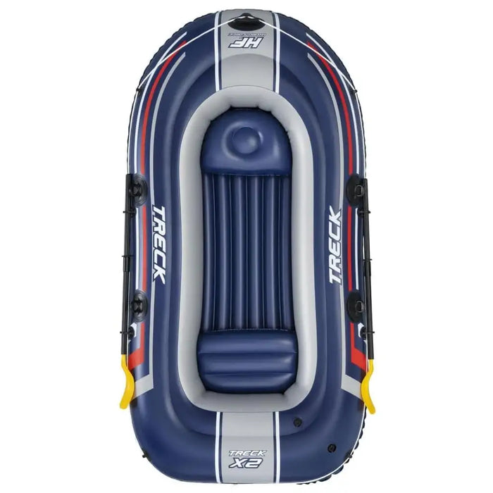 Hydro Force Treck X2 inflatable boat set, blue with white and red stripes, top view.