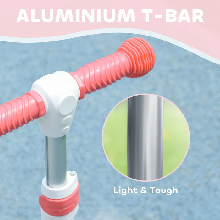Pink textured scooter handlebar with aluminium T-bar labeled light and tough
