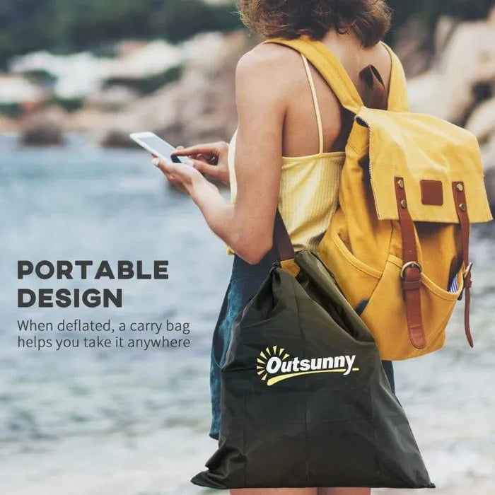 Woman outdoors with yellow backpack and Outsunny carry bag, promoting portable cold plunge bath.