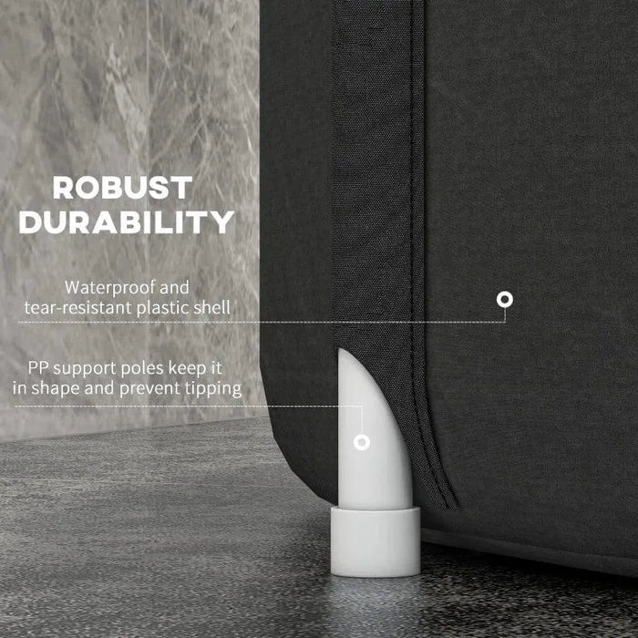 Close-up of inflatable cold plunge bath with durable plastic shell and support pole on stone floor