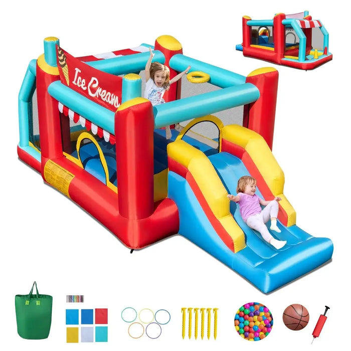 Colorful inflatable ice cream bounce house with slide and two kids playing inside