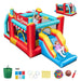 Colorful inflatable ice cream bounce house with slide and two kids playing inside
