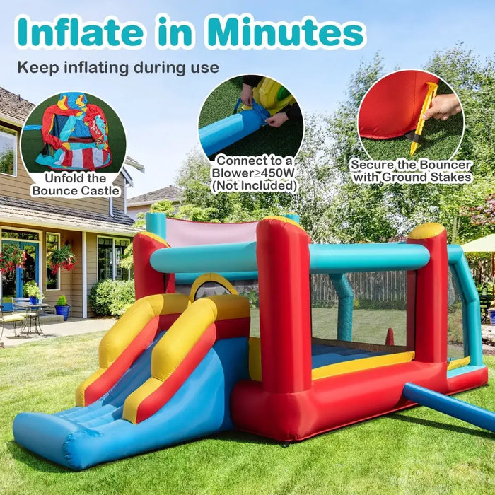 Colorful inflatable bounce house with slide set up in a sunny backyard with instructions