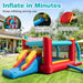 Colorful inflatable bounce house with slide set up in a sunny backyard with instructions