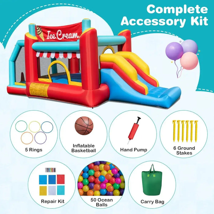 Colorful inflatable ice cream bounce house with slide and accessory kit including rings, basketball, pump, stakes, balls, repair kit, carry bag