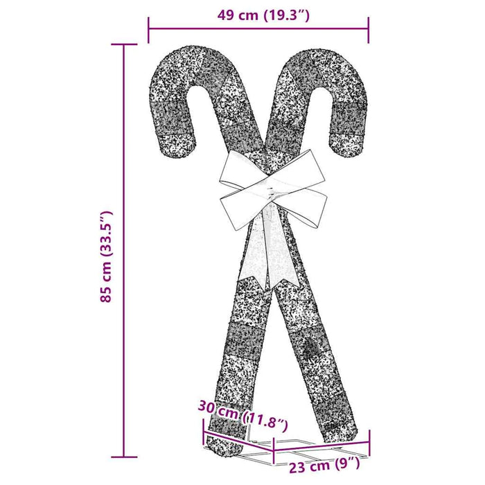 Decorative candy cane Christmas decor with bow, measuring 85x49 cm, black and white textured