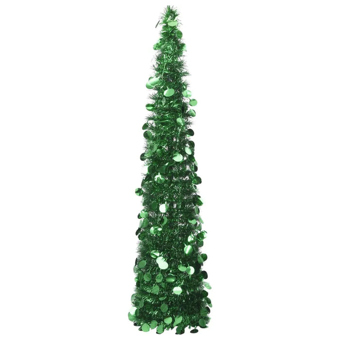Tall green tinsel Christmas tree decorated with shiny green circular ornaments on white background
