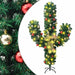 Artificial cactus Christmas tree decorated with red and gold baubles, yellow lights, and a golden bow
