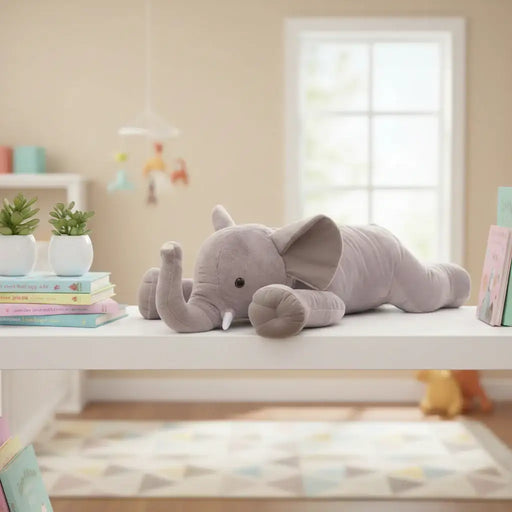 Gray elephant plush toy on a white surface in a room with books and plants.