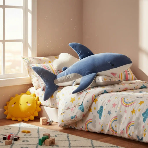 Children's room with a bed featuring a shark-shaped pillow and colorful bedding.