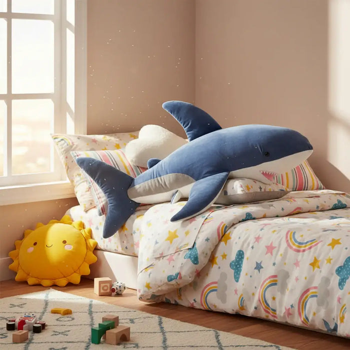 Children's room with a bed featuring a shark-shaped pillow and colorful bedding.