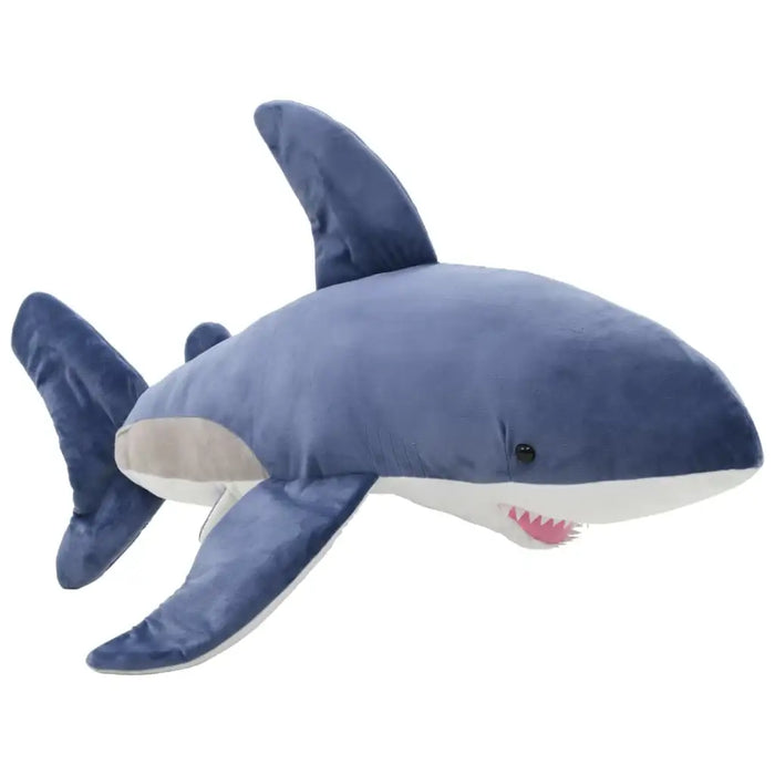 Blue shark plush toy on a white background