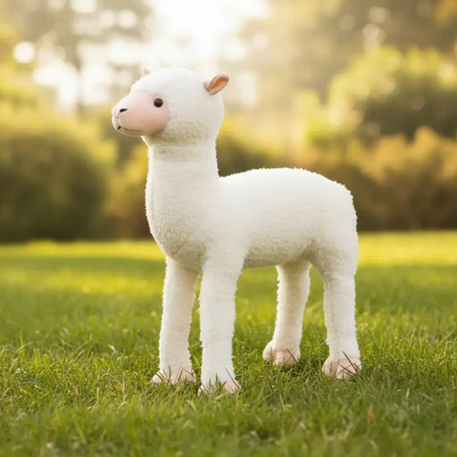 Plush lamb toy standing on grass with a blurred natural background
