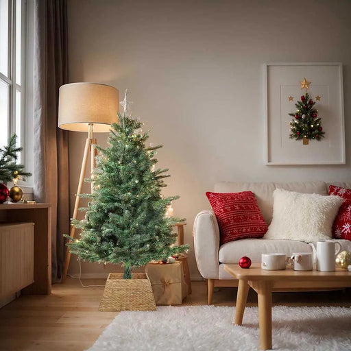 Cozy living room with small lit Christmas tree, red and white holiday pillows, and festive decor