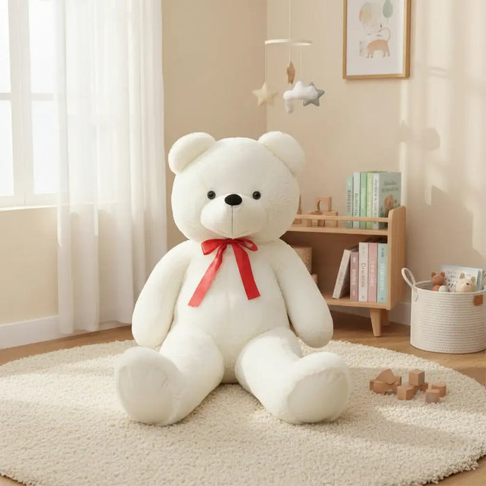 Large white teddy bear with a red bow on a rug in a room with books and toys.