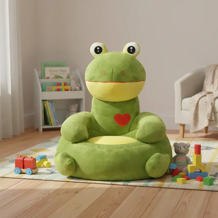 Green frog-shaped chair in a room with toys and books