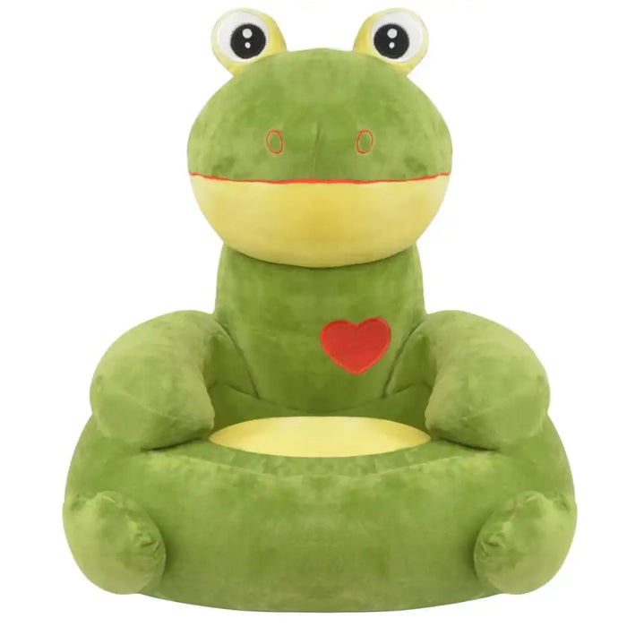 Green frog-shaped chair with a red heart on a white background