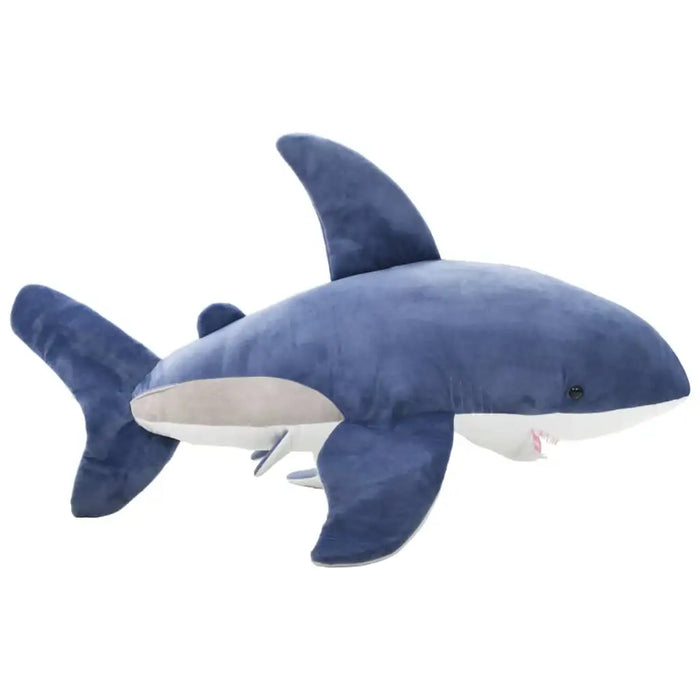 Blue shark plush toy on a white background