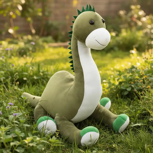 Plush dinosaur toy with green body, white belly, and black spikes in a garden sitting on the grass