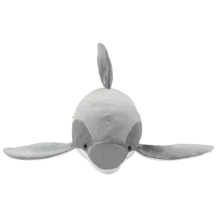 Gray plush whale toy on a white background