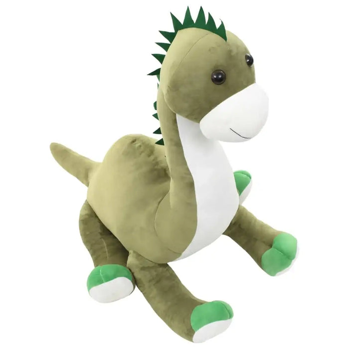 Plush dinosaur toy with green spikes on a white background