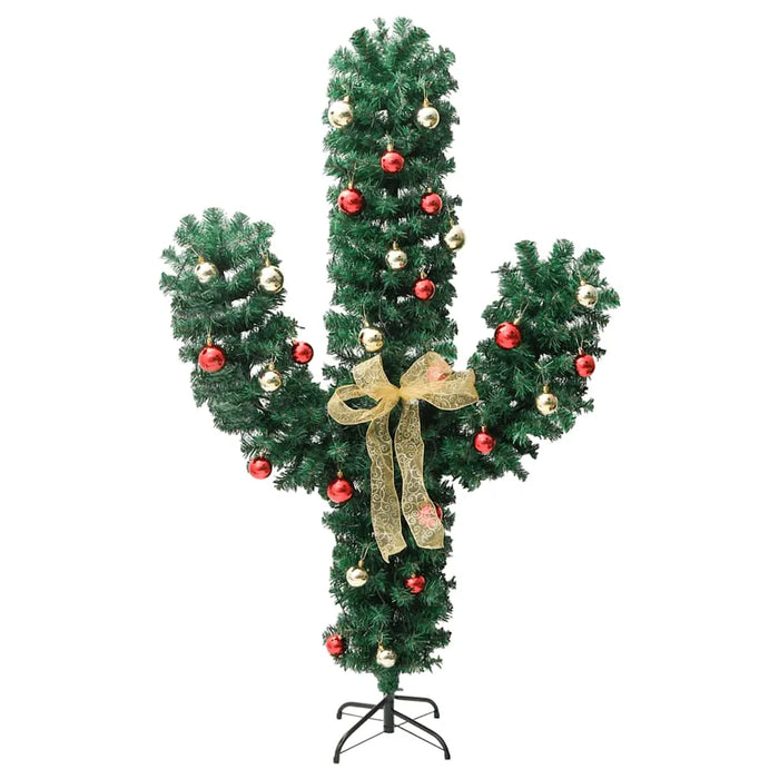 Christmas cactus-shaped wreath decorated with red and gold ornaments and a gold ribbon bow