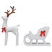 White reindeer decoration with brown antlers and red bow, pulling matching white sleigh with red bow