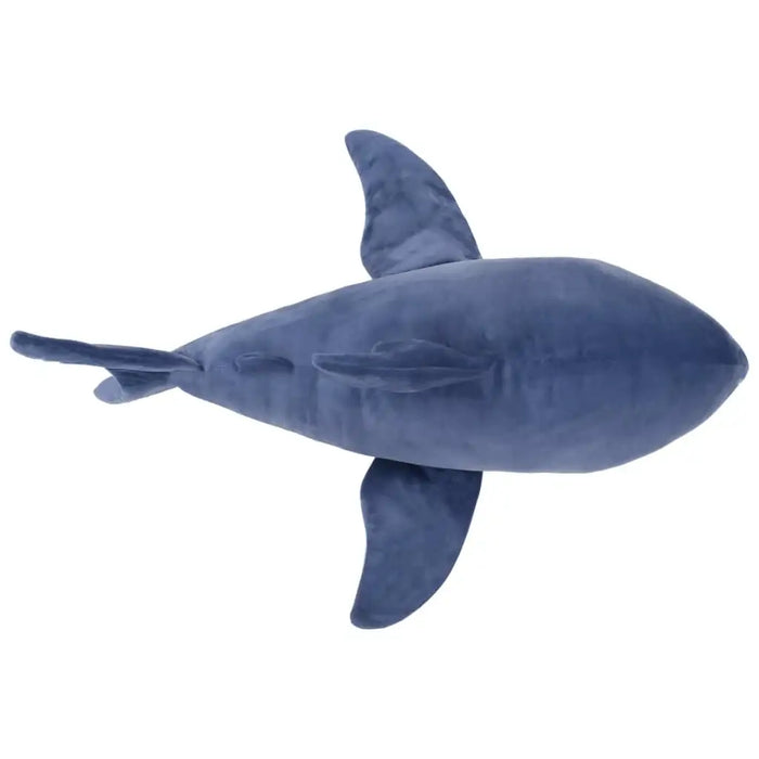 Blue shark plush toy on a white background