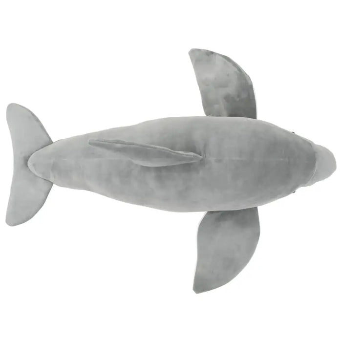 Gray shark-shaped plush toy on a white background