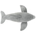 Gray shark-shaped plush toy on a white background