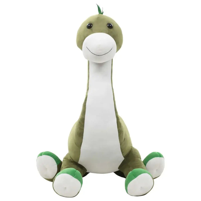 Plush toy dinosaur with green body and white belly on a white background