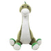Plush toy dinosaur with green body and white belly on a white background
