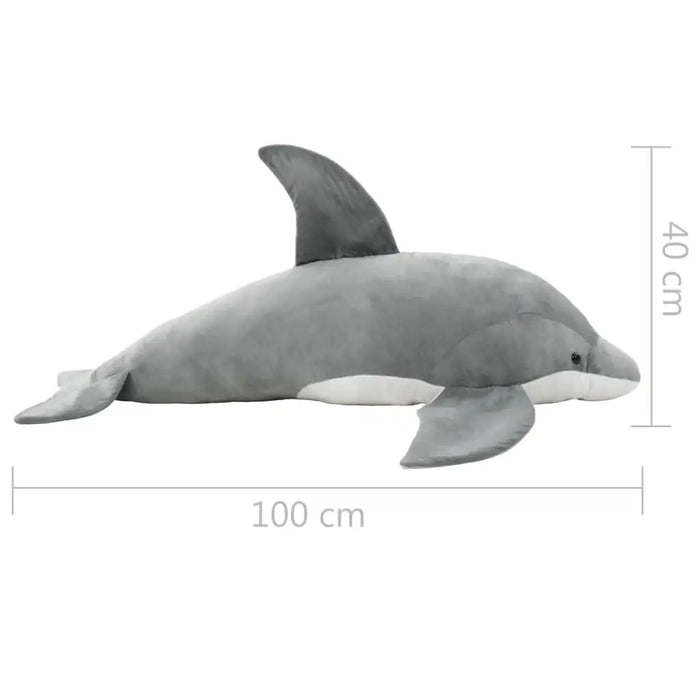 Plush dolphin toy with dimensions on a white background