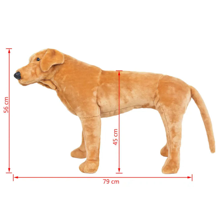 Brown plush dog toy with measurements on a white background