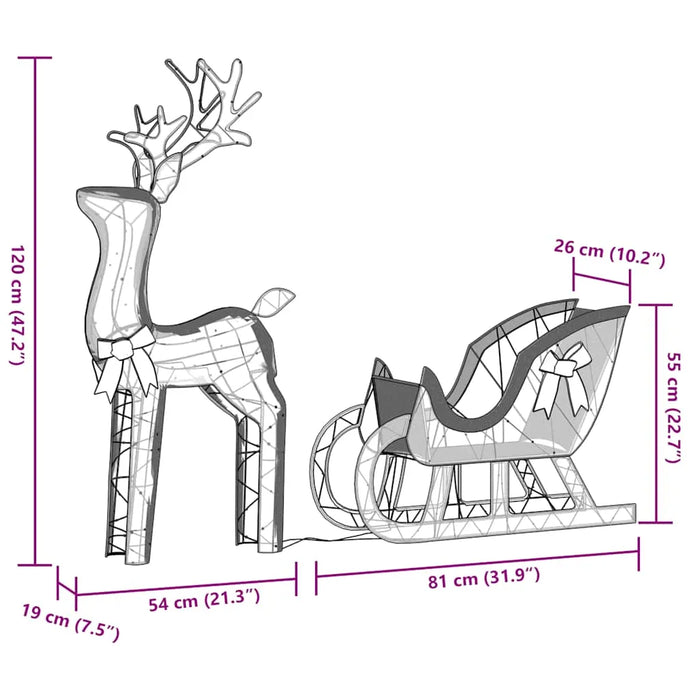 Wireframe outline of a Christmas reindeer and sleigh with dimensions in centimeters and inches
